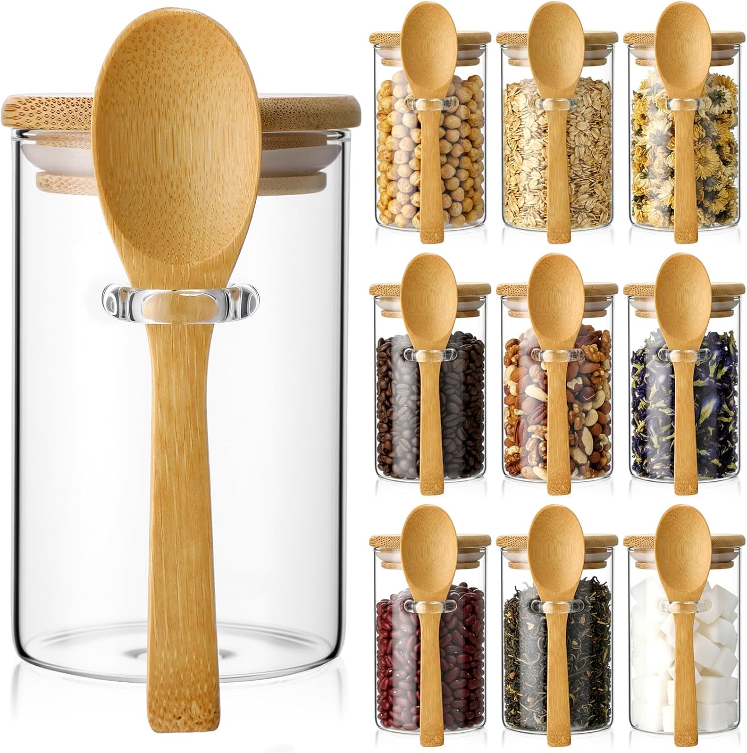 Food Storage Jars - 10 Pack Glass Jars with Bamboo