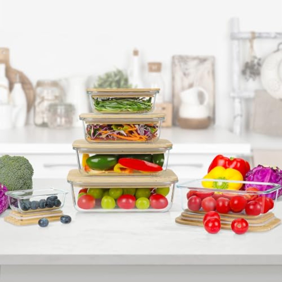 Glass Containers with Bamboo L - Food Storage Glass Container Set ulasan dan harga